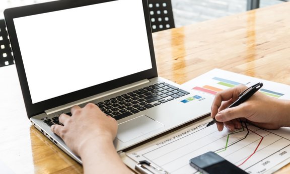Person arbeitet mit Laptop, Diagrammen