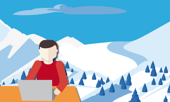 Illustration: Person vor Laptop, im Hintergrund eine verschneite Berglandschaft