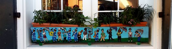 Colorful window with paintings